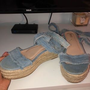Denim strap up platforms